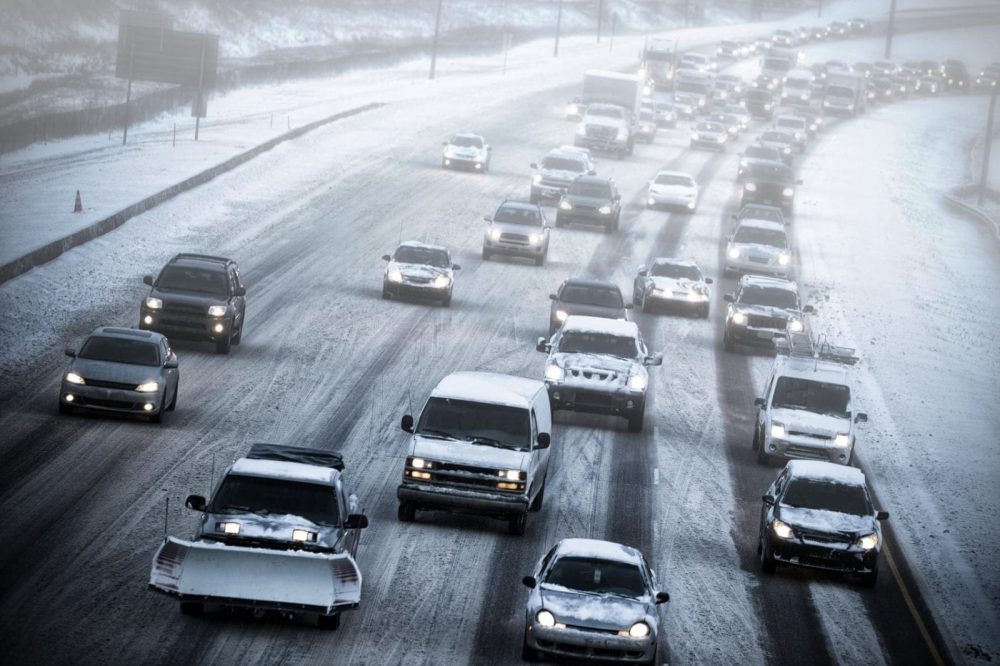 Traffic Jam On Snowy Interstate Stock Photo
