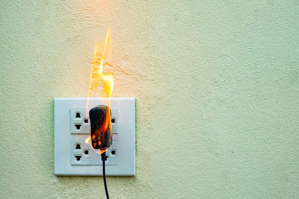 An electrical cord is on fire while plugged into a wall outlet.