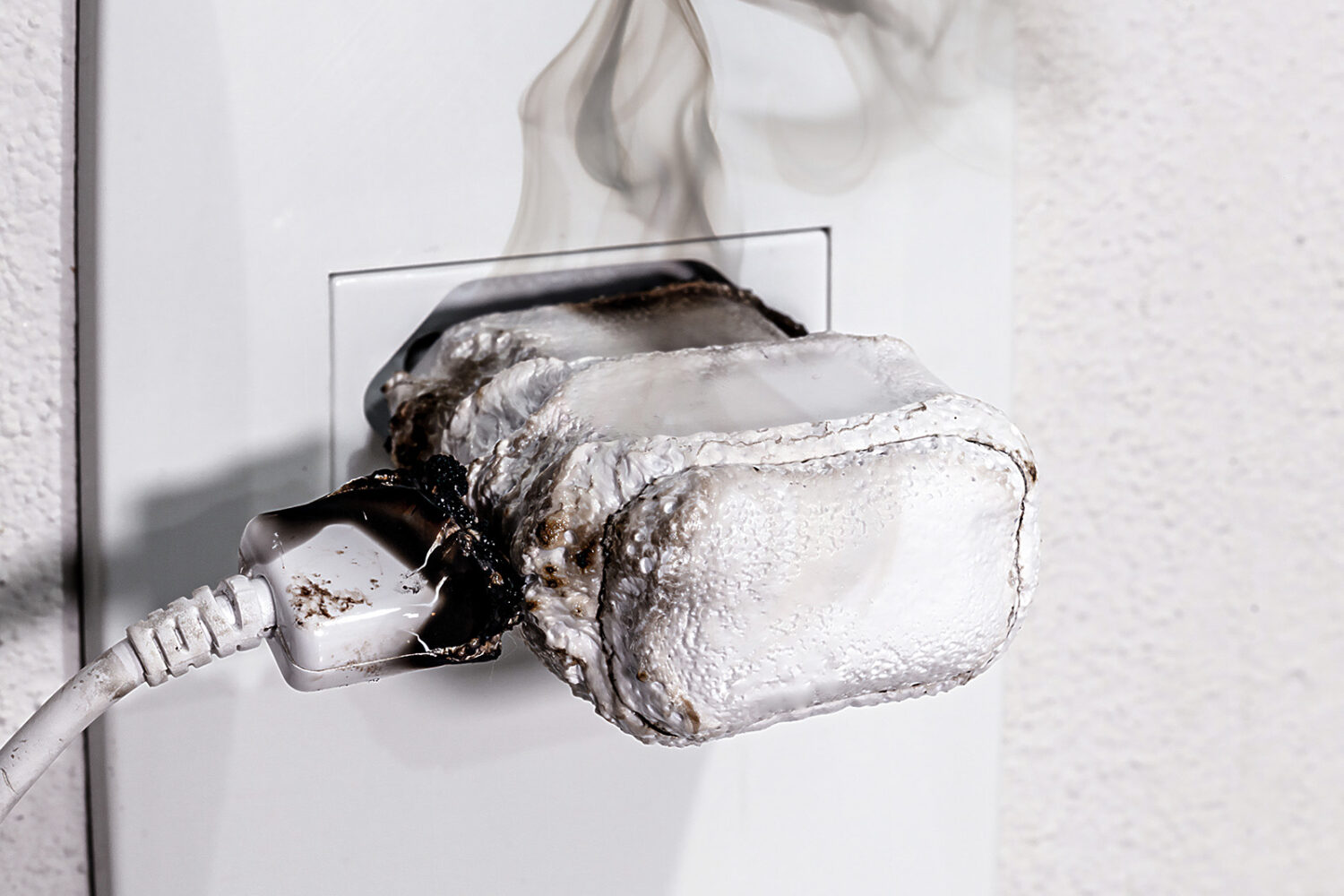 Close-up of smoky outlet and melted power cord damaged due to fire and overheating.